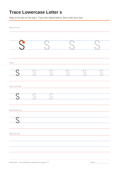 Preview of the Trace Lowercase Letter s printable worksheet