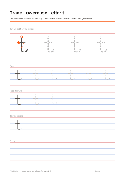 Preview of the Trace Lowercase Letter t printable worksheet