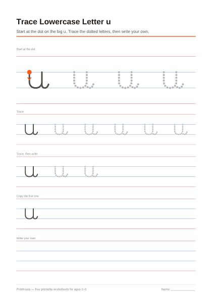 Preview of the Trace Lowercase Letter u printable worksheet