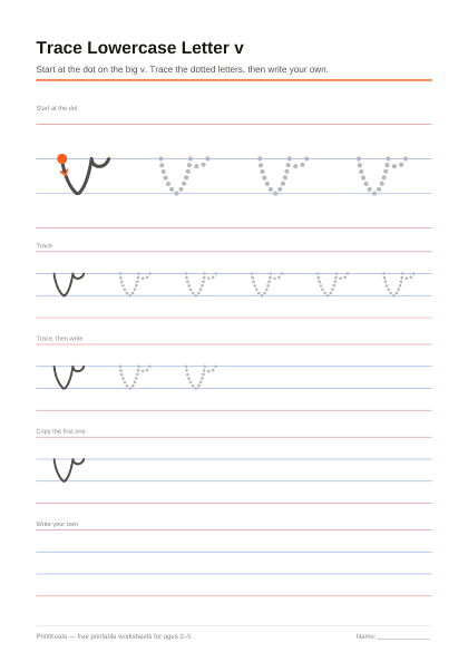 Preview of the Trace Lowercase Letter v printable worksheet