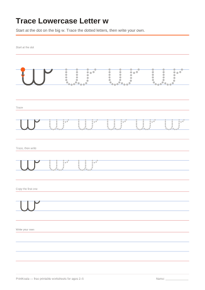 Preview of the Trace Lowercase Letter w printable worksheet