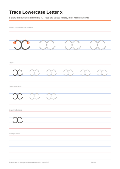 Preview of the Trace Lowercase Letter x printable worksheet