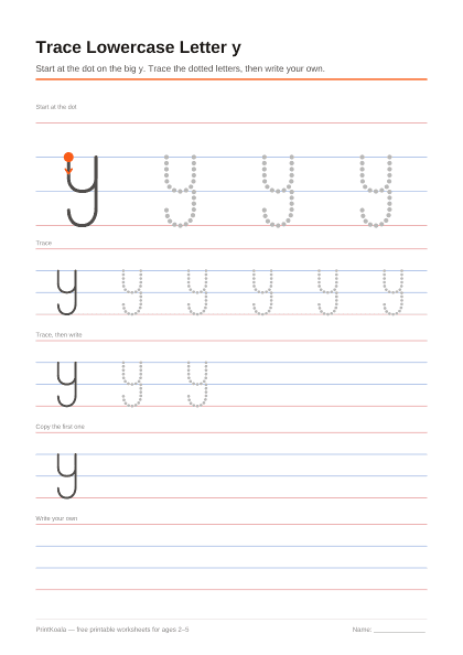 Preview of the Trace Lowercase Letter y printable worksheet