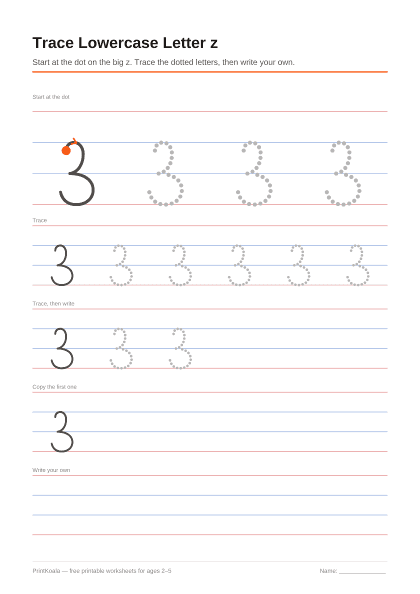Preview of the Trace Lowercase Letter z printable worksheet