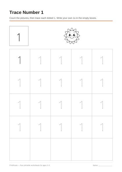 Preview of the Trace Number 1 printable worksheet