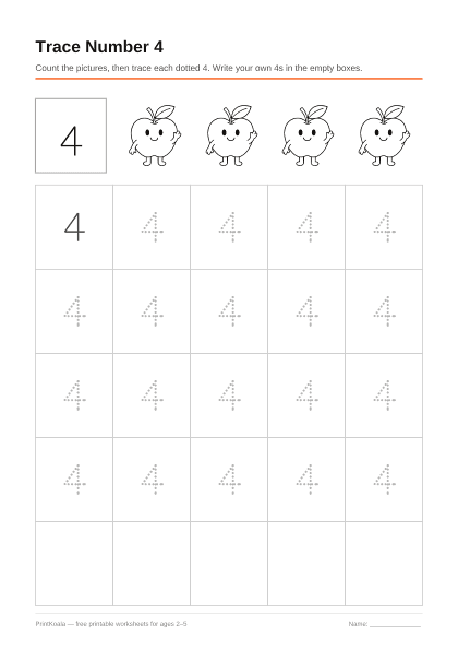 Preview of the Trace Number 4 printable worksheet