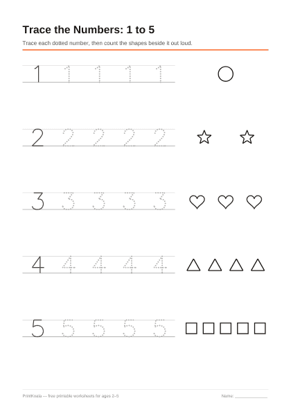 Preview of the Trace Numbers 1 to 5 printable worksheet