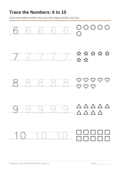 Preview of the Trace Numbers 6 to 10 printable worksheet