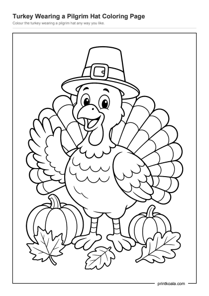 Preview of the Turkey Wearing a Pilgrim Hat Coloring Page printable worksheet
