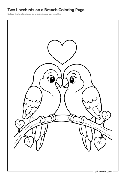 Preview of the Two Lovebirds on a Branch Coloring Page printable worksheet