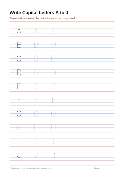 Preview of the Write Capital Letters A to J printable worksheet
