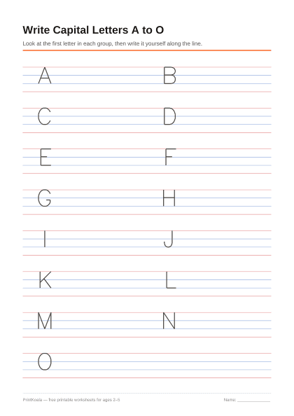 Preview of the Write Capital Letters A to O printable worksheet