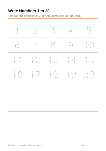 Preview of the Write Numbers 1 to 20 printable worksheet