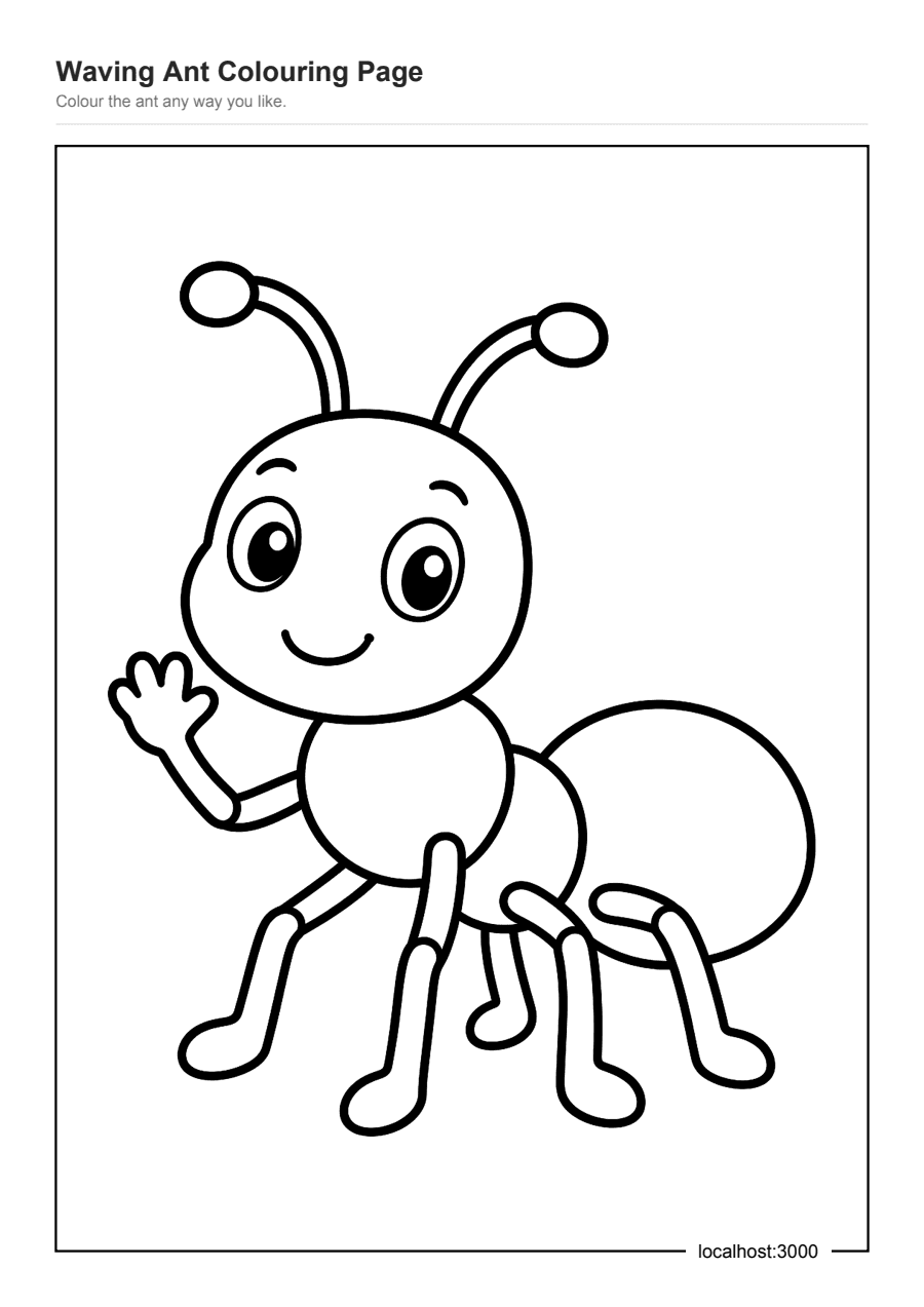 Full preview of the Waving Ant Colouring Page worksheet