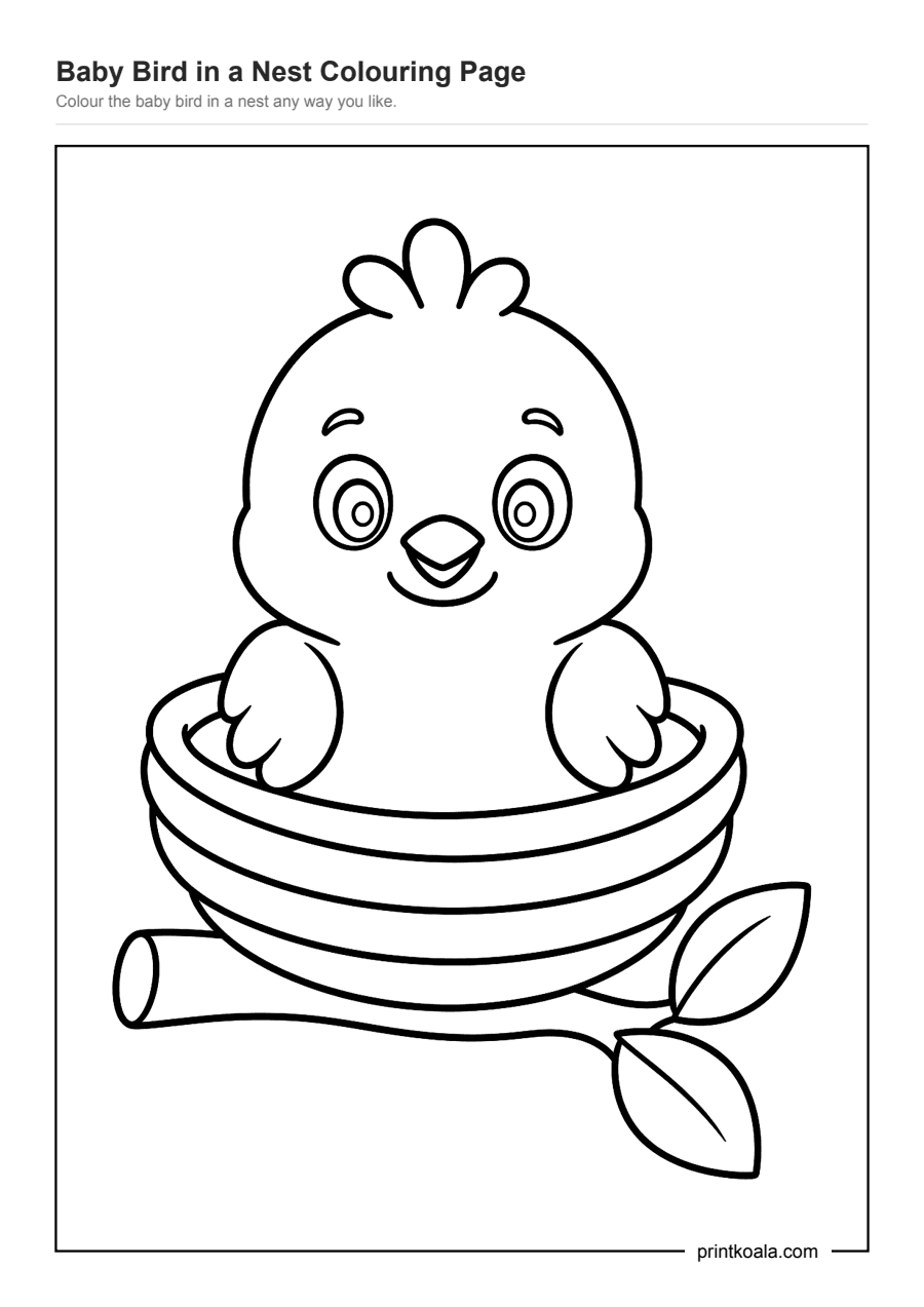 Full preview of the Baby Bird in a Nest Colouring Page worksheet