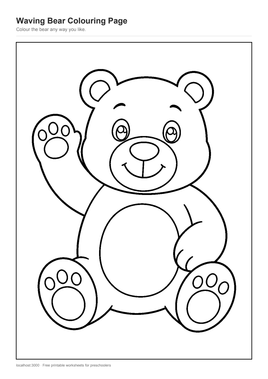 Full preview of the Waving Bear Colouring Page worksheet