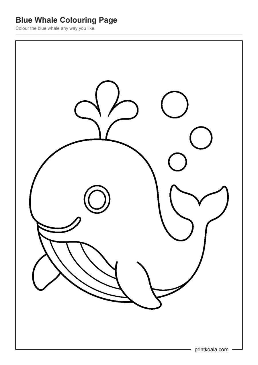 Full preview of the Blue Whale Colouring Page worksheet