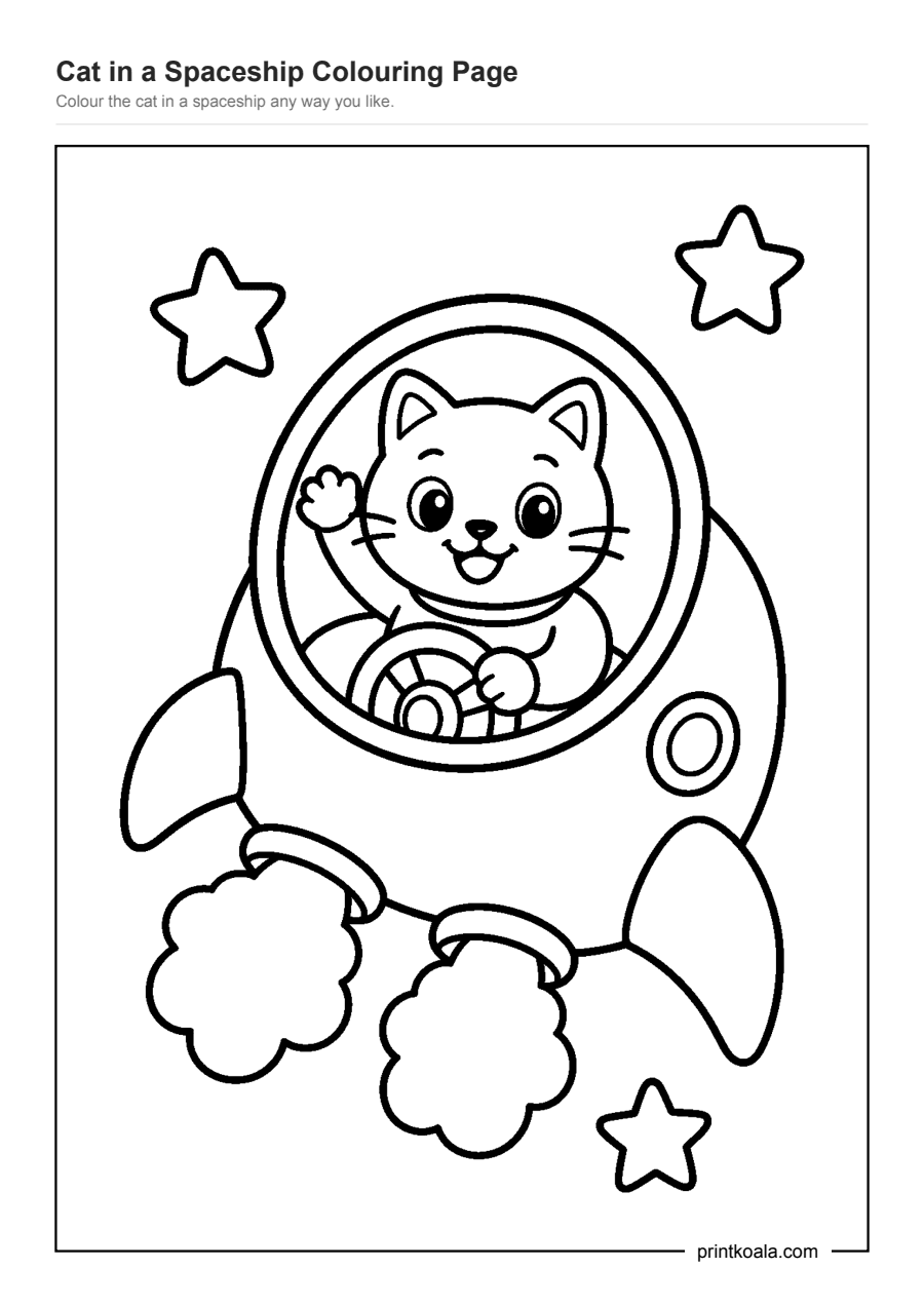 Full preview of the Cat in a Spaceship Colouring Page worksheet