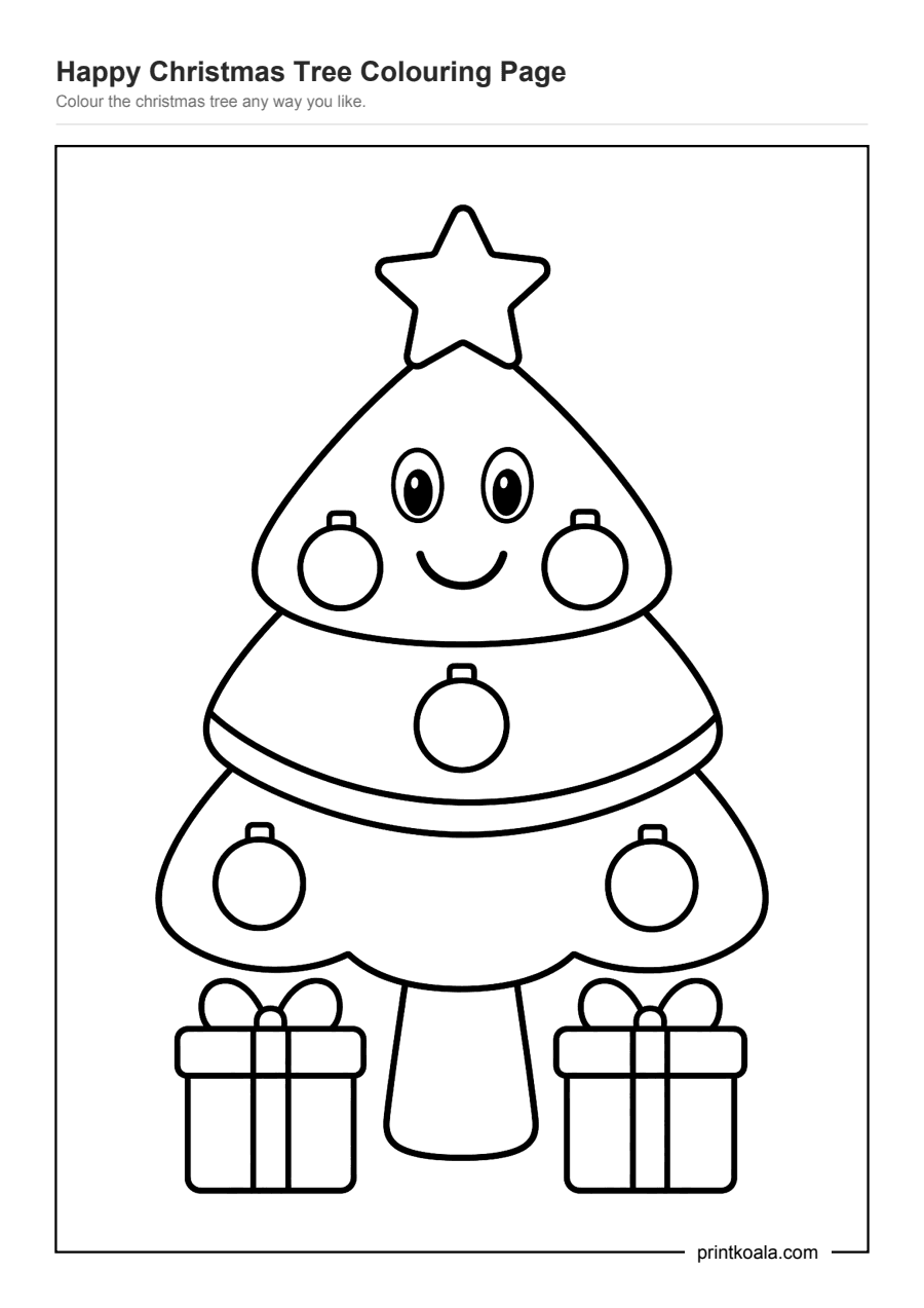 Full preview of the Happy Christmas Tree Colouring Page worksheet