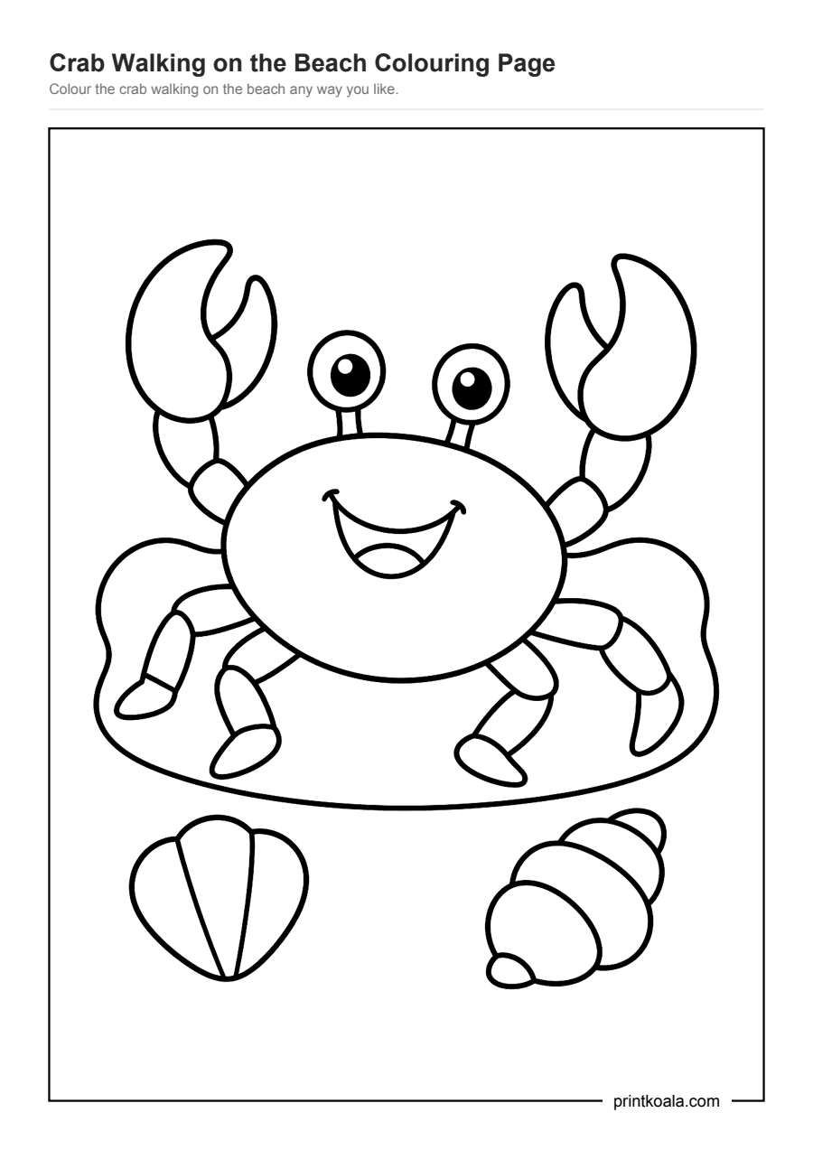 Full preview of the Crab Walking on the Beach Colouring Page worksheet