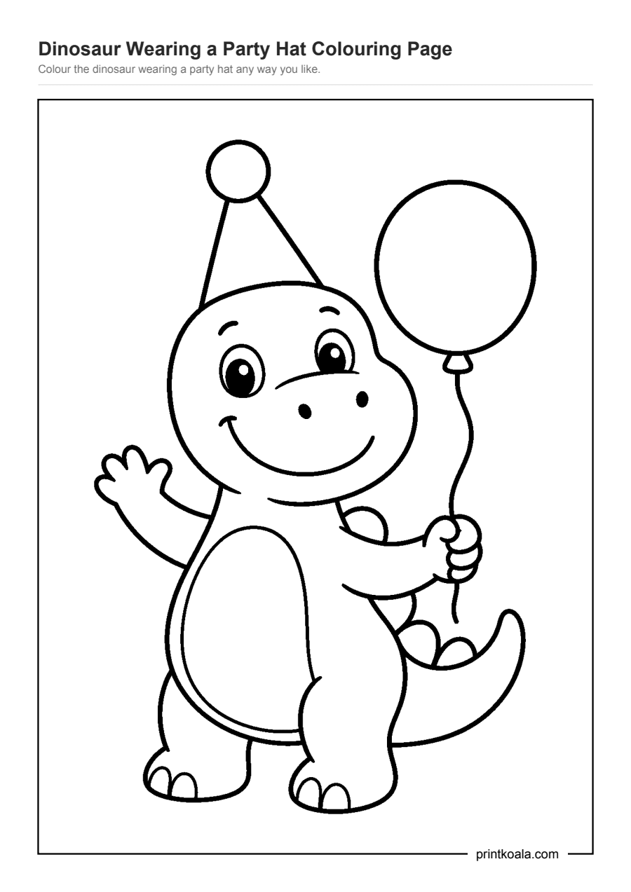 Full preview of the Dinosaur Wearing a Party Hat Colouring Page worksheet
