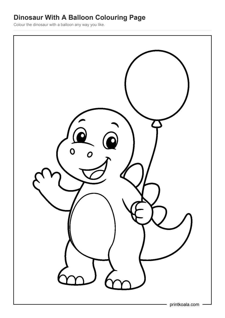 Full preview of the Dinosaur With A Balloon Colouring Page worksheet