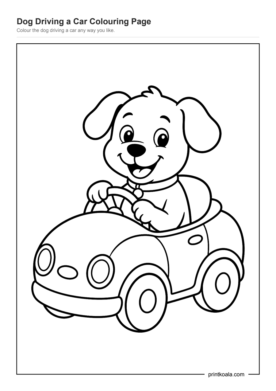 Full preview of the Dog Driving a Car Colouring Page worksheet