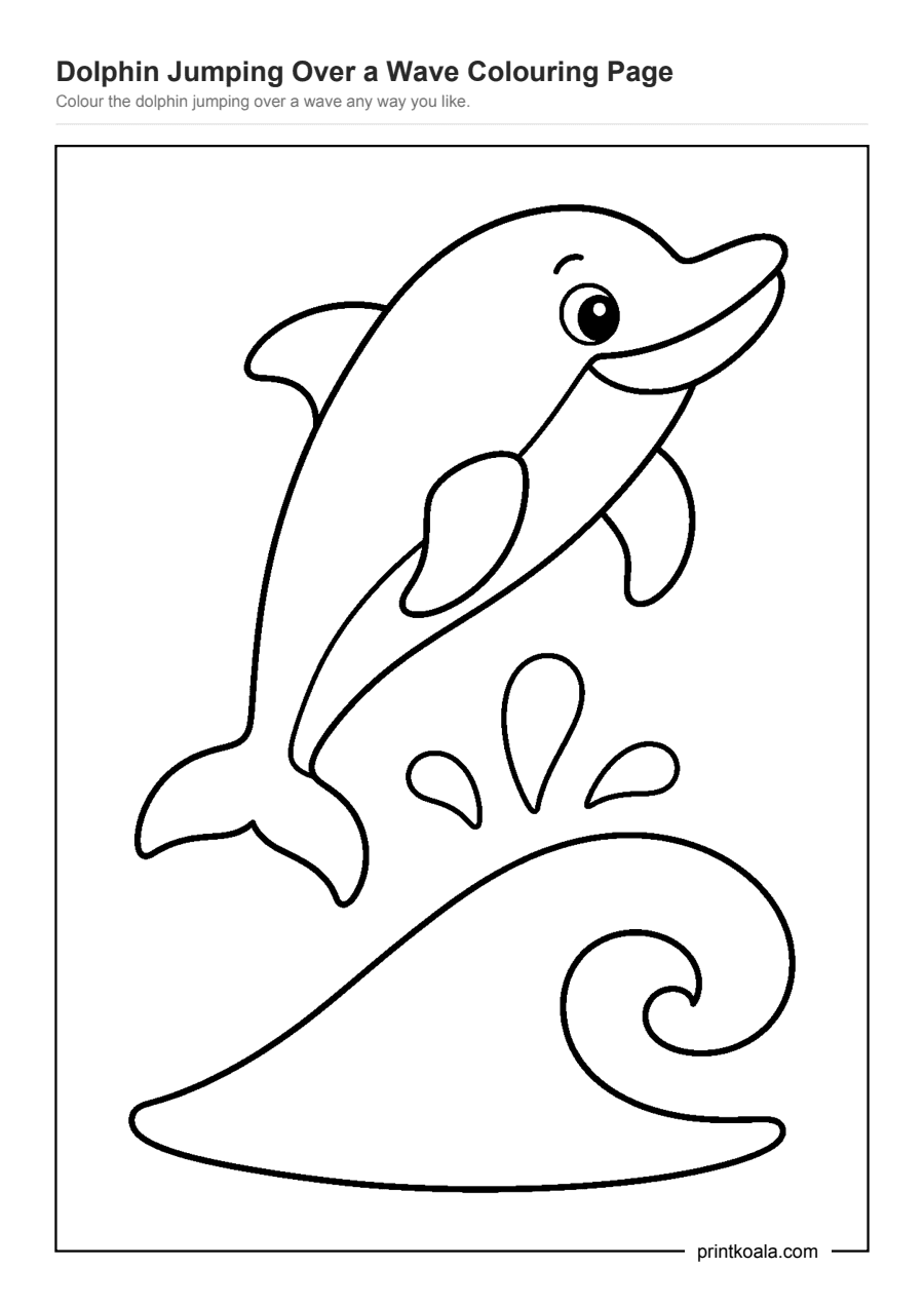 Full preview of the Dolphin Jumping Over a Wave Colouring Page worksheet