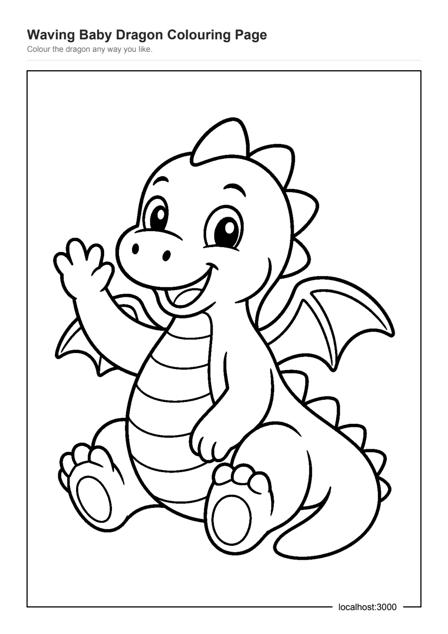 Full preview of the Waving Baby Dragon Colouring Page worksheet