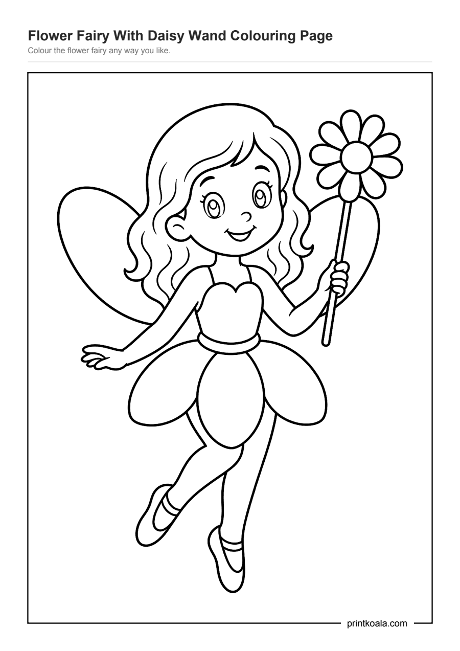 Full preview of the Flower Fairy With Daisy Wand Colouring Page worksheet