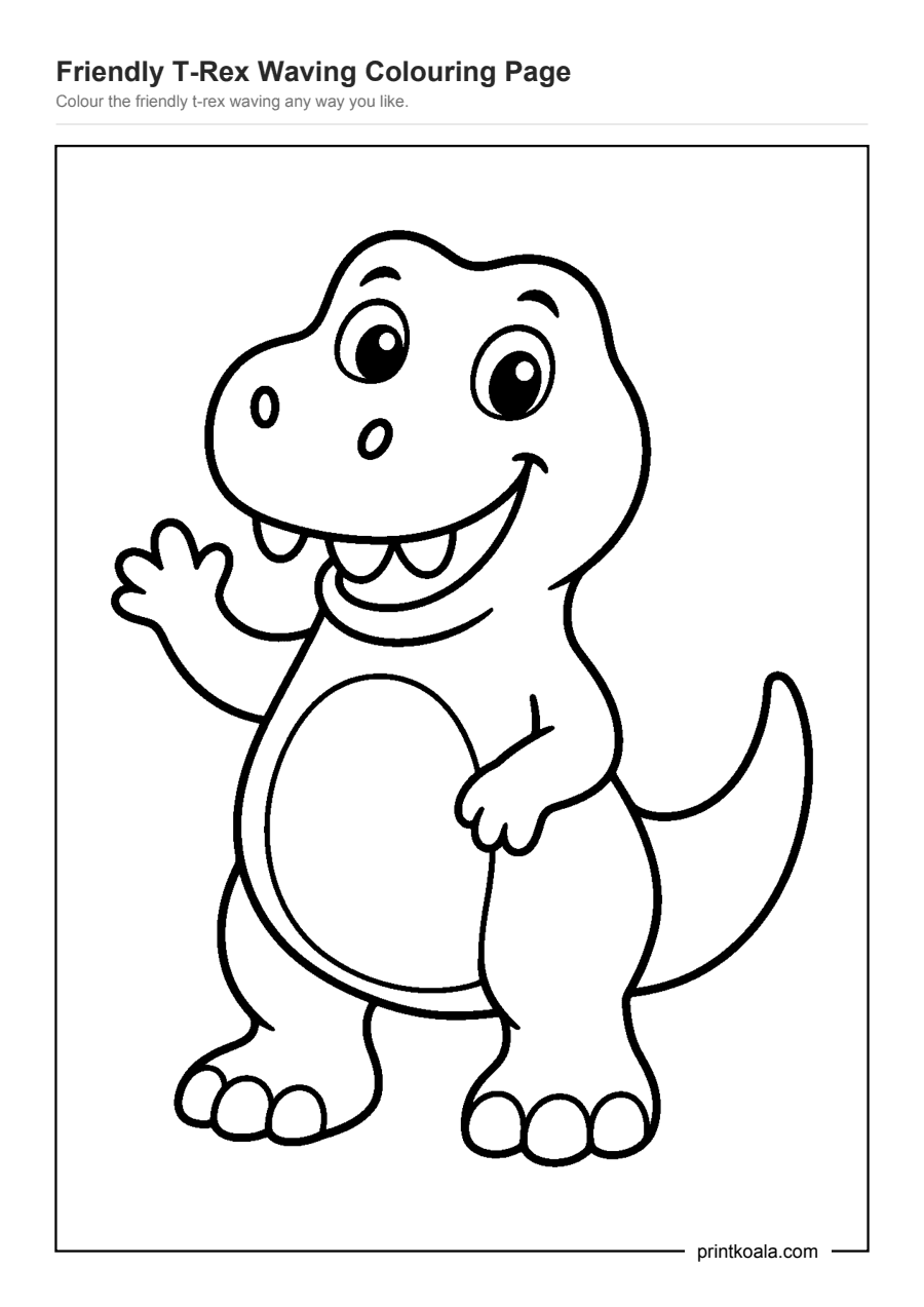Full preview of the Friendly T-Rex Waving Colouring Page worksheet