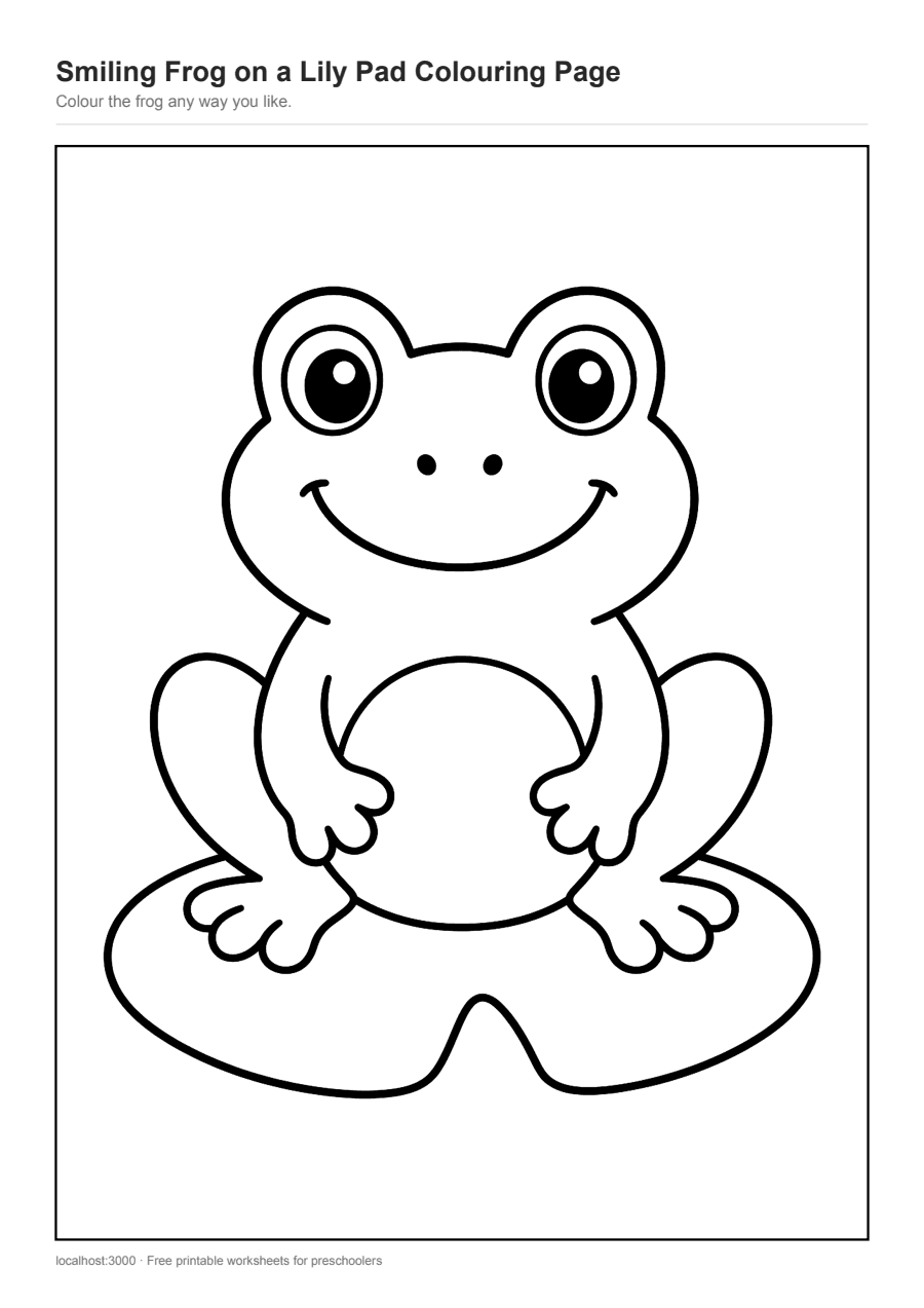 Full preview of the Smiling Frog on a Lily Pad Colouring Page worksheet
