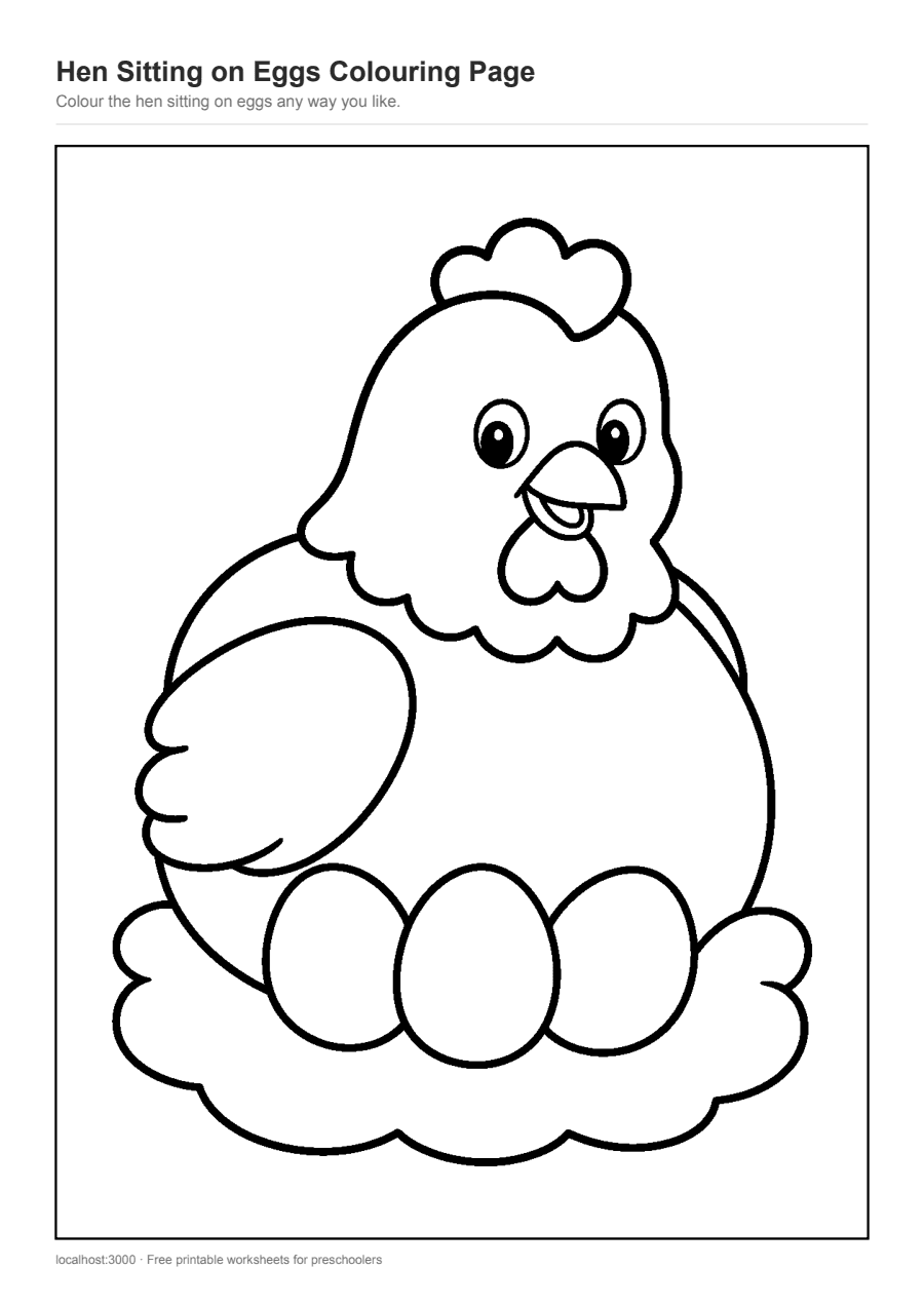 Full preview of the Hen Sitting on Eggs Colouring Page worksheet