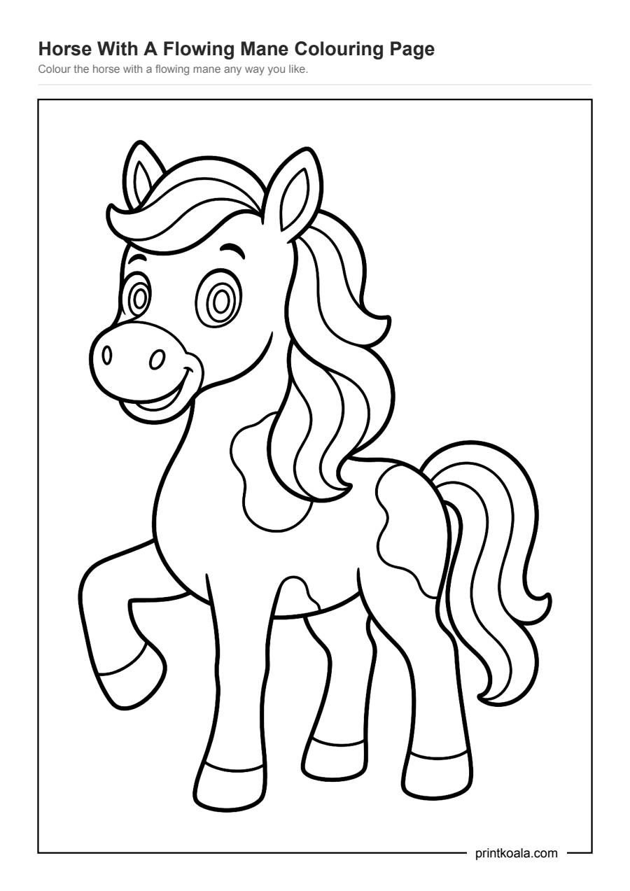 Full preview of the Horse With A Flowing Mane Colouring Page worksheet