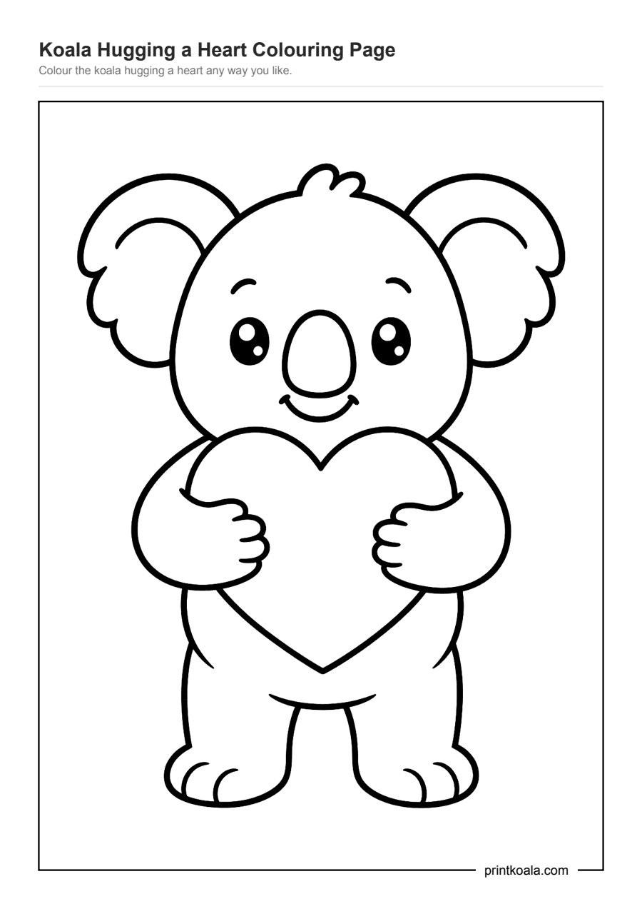 Full preview of the Koala Hugging a Heart Colouring Page worksheet