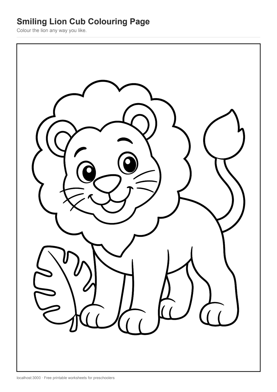 Full preview of the Smiling Lion Cub Colouring Page worksheet