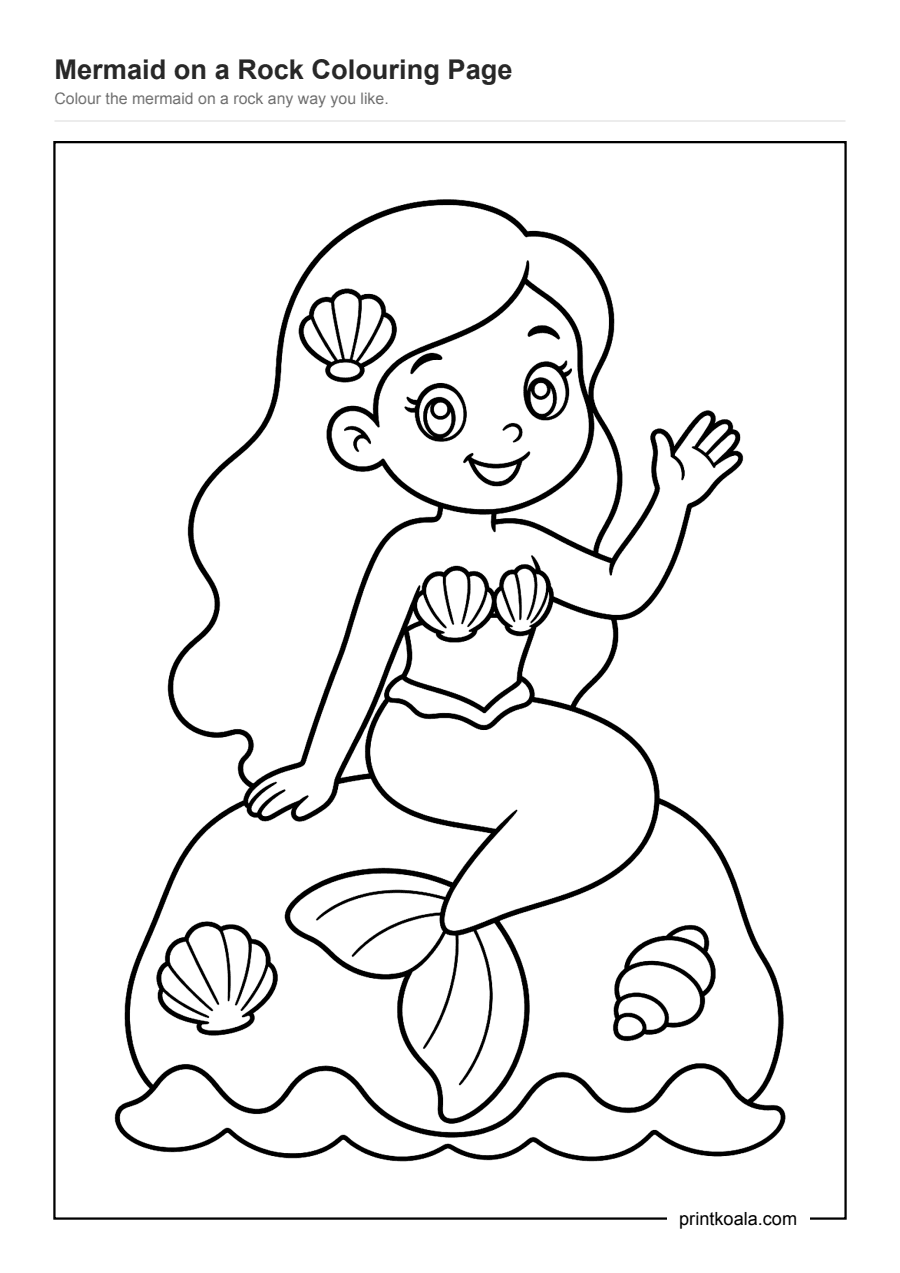 Full preview of the Mermaid on a Rock Colouring Page worksheet