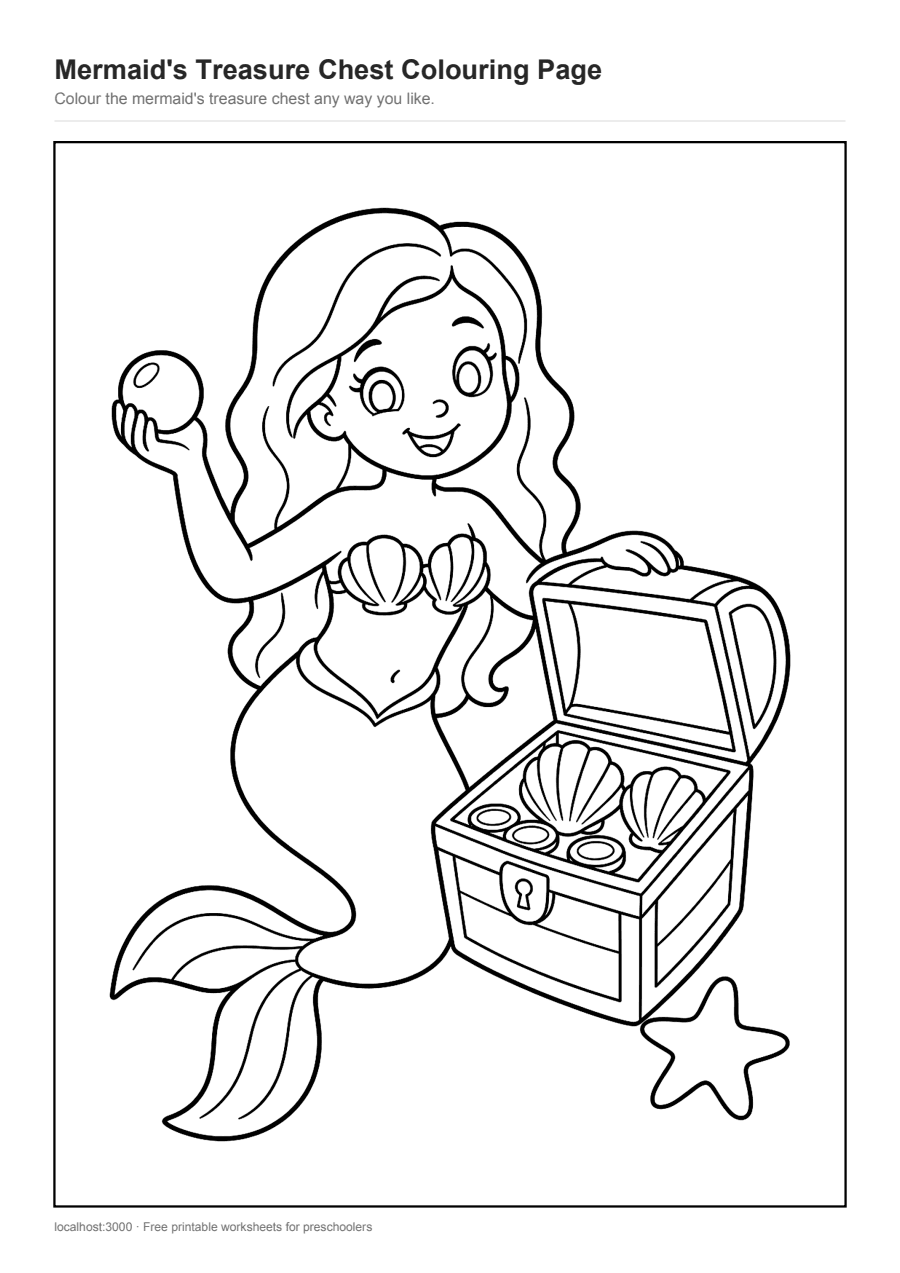 Full preview of the Mermaid's Treasure Chest Colouring Page worksheet