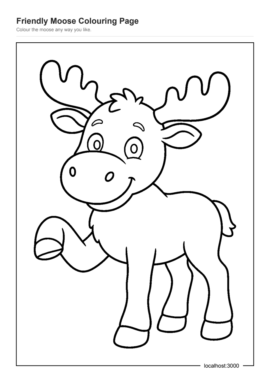 Full preview of the Friendly Moose Colouring Page worksheet