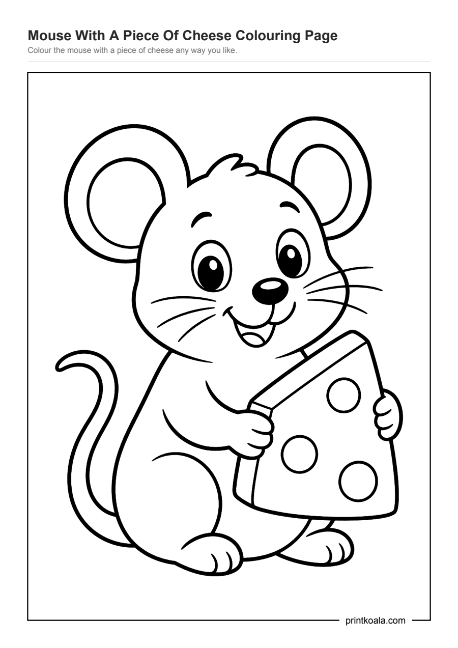 Full preview of the Mouse With A Piece Of Cheese Colouring Page worksheet