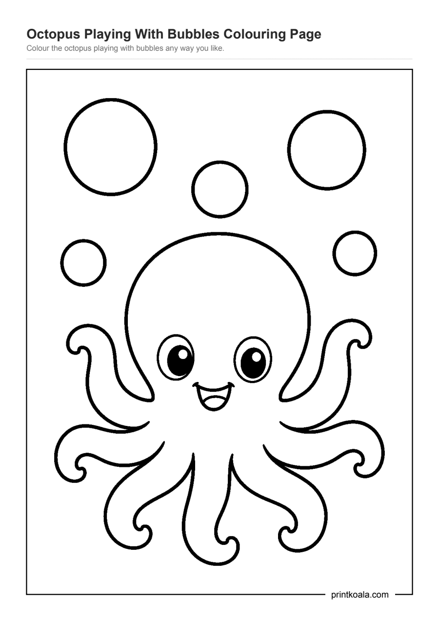 Full preview of the Octopus Playing With Bubbles Colouring Page worksheet