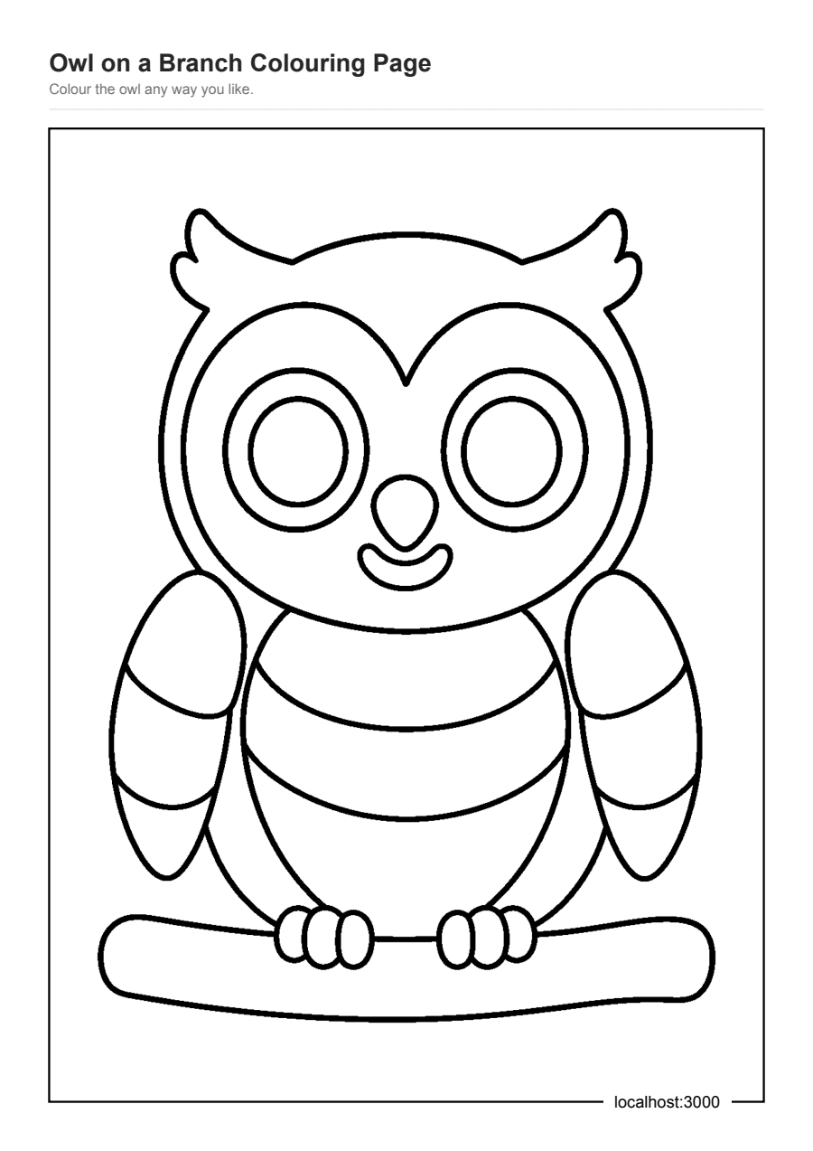 Full preview of the Owl on a Branch Colouring Page worksheet