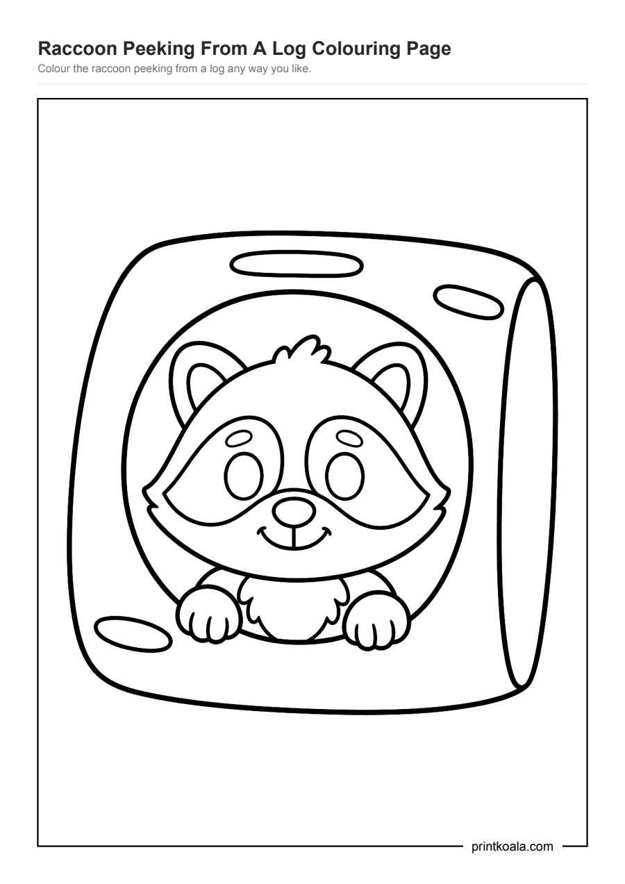 Full preview of the Raccoon Peeking From A Log Colouring Page worksheet