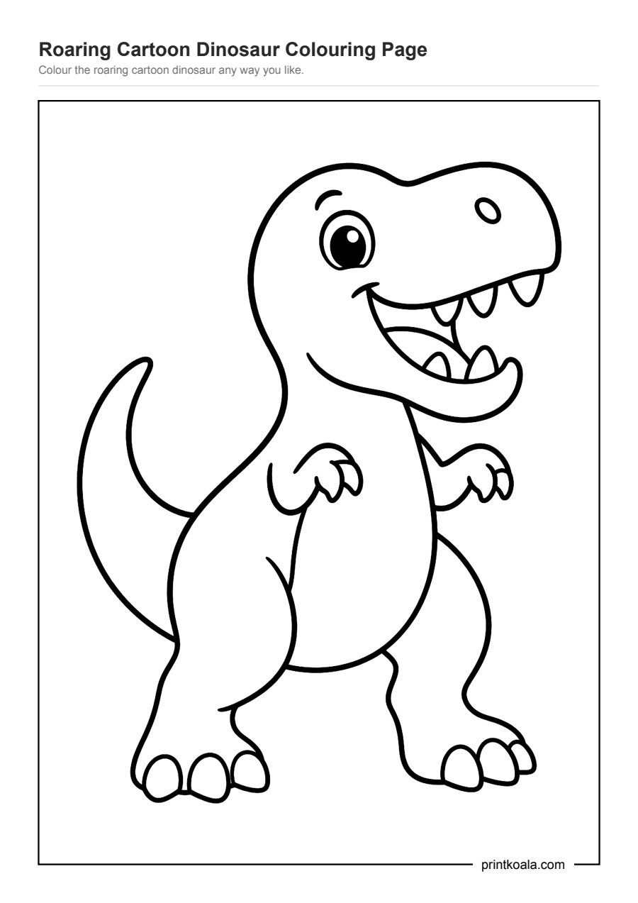 Full preview of the Roaring Cartoon Dinosaur Colouring Page worksheet