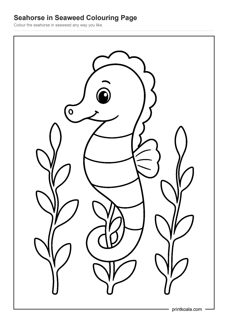 Full preview of the Seahorse in Seaweed Colouring Page worksheet