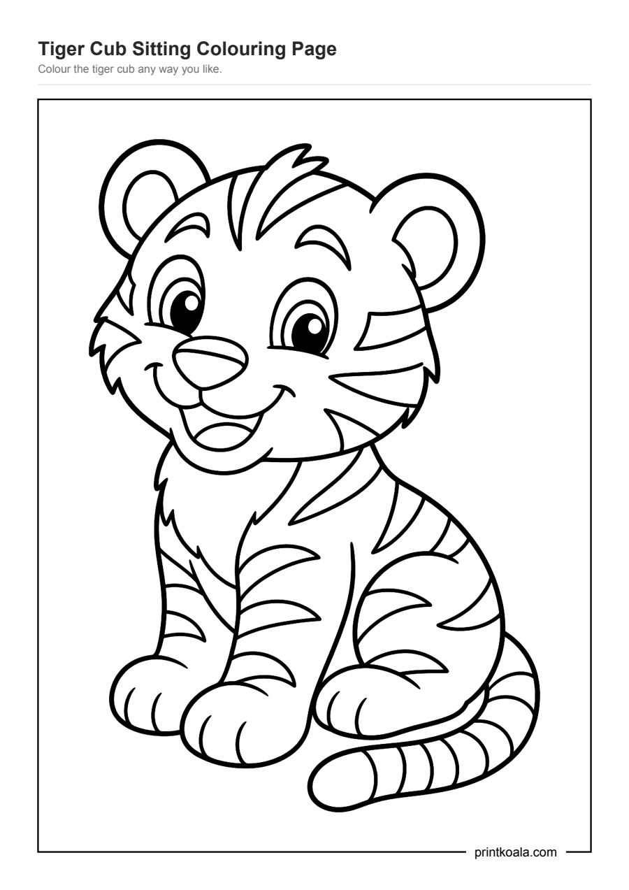 Full preview of the Tiger Cub Sitting Colouring Page worksheet