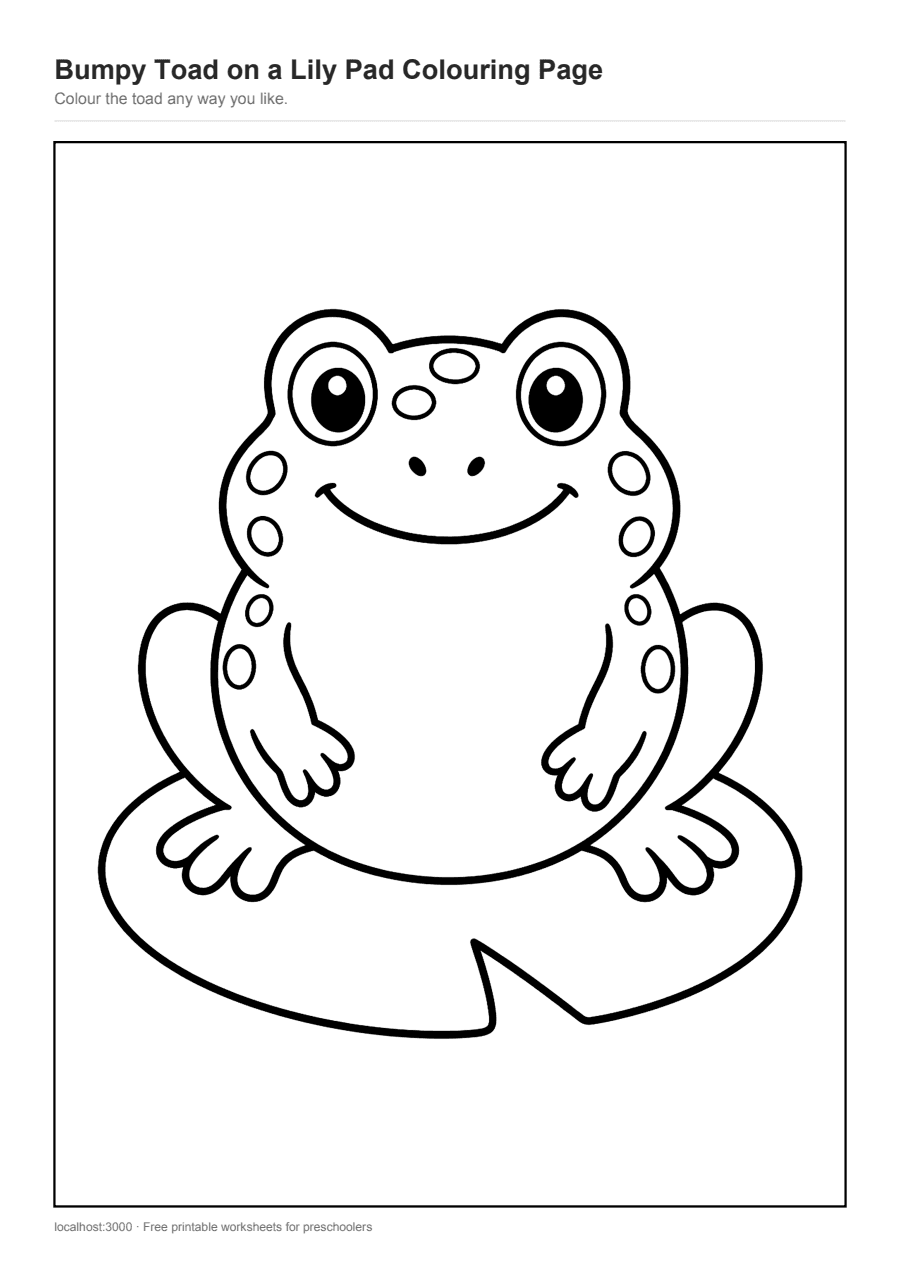 Full preview of the Bumpy Toad on a Lily Pad Colouring Page worksheet