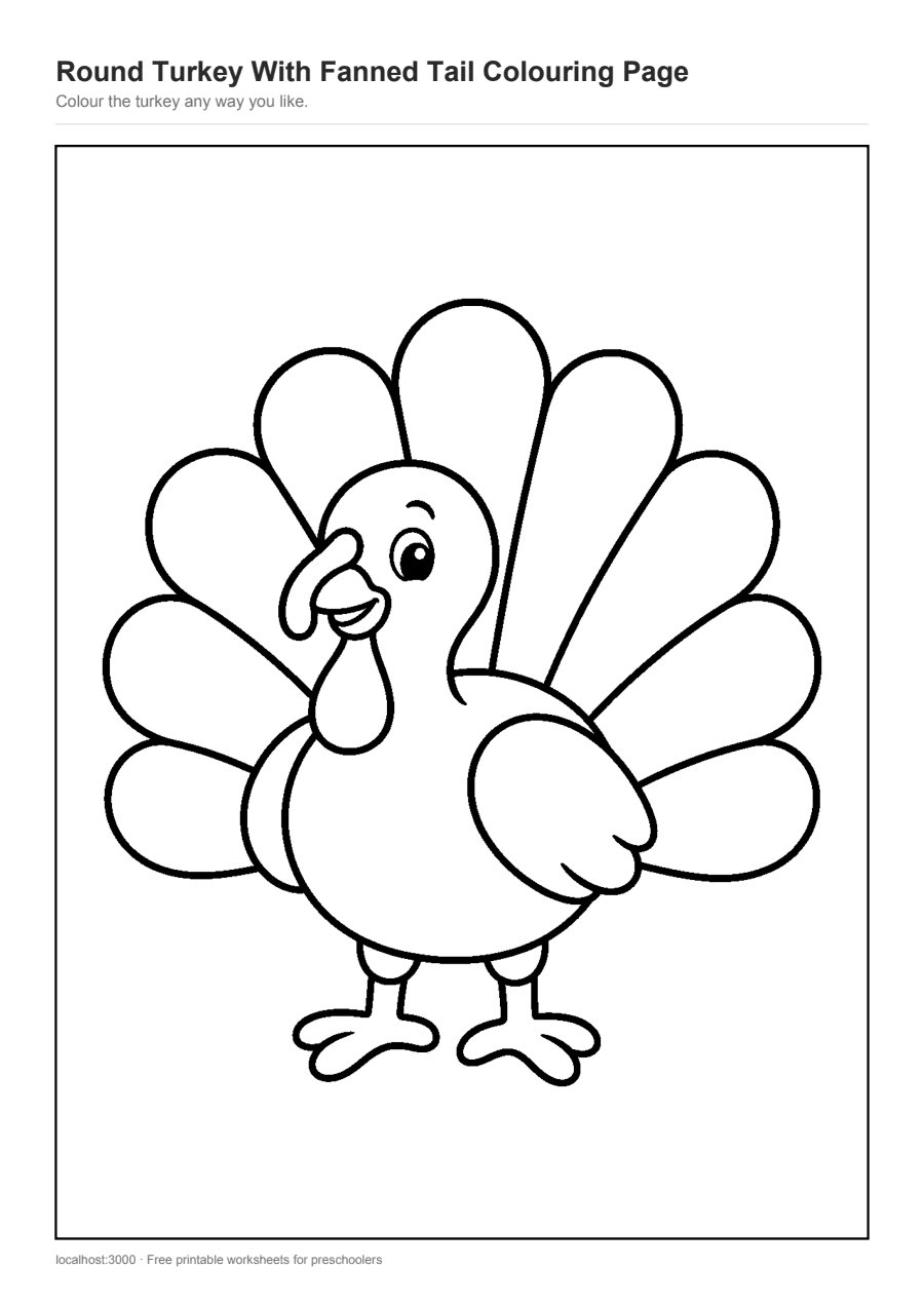 Full preview of the Round Turkey With Fanned Tail Colouring Page worksheet