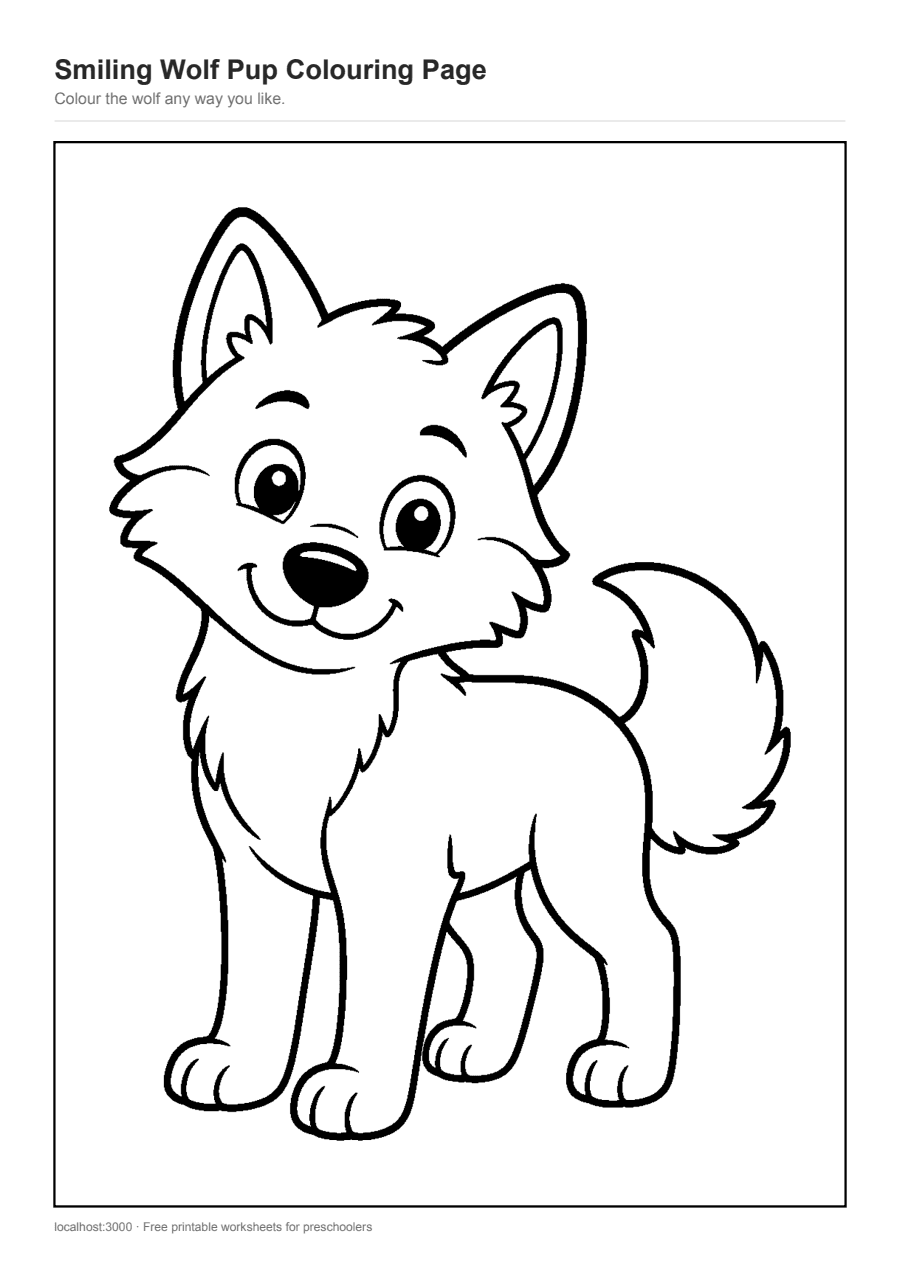 Full preview of the Smiling Wolf Pup Colouring Page worksheet