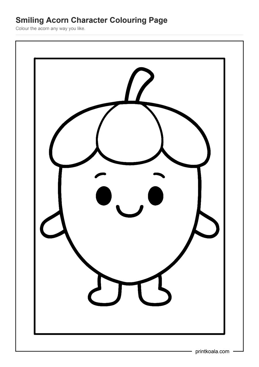 Full preview of the Smiling Acorn Character Colouring Page worksheet